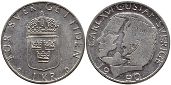 Швеция 1 крона 1990 Карл XVI Густав (1973- ) KM 852a медно-никель 4398-1244
