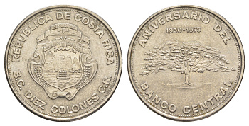 Коста-Рика 10 колонов 1975 25 лет Центральному Банку KM 204 никель UNC 4645-343