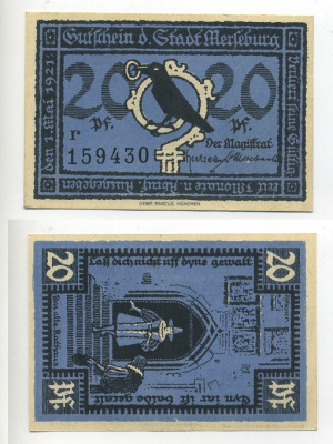 МЕРЗЕБУРГ 20 ПФЕННИГОВ 1920 НОТГЕЛЬД, 1 МАЯ 1921, БУКВА r, Grabowski 884.2a бумага 7217-53-3