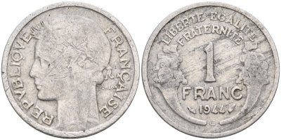 Франция 1 франк 1944 С, тип Lourde KM 885а.3, Le Franc 221.4 алюминий 4126-853