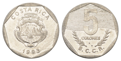 Коста-Рика 5 колонов 1993 KM 214.3 сталь плакированная никелем 4663-947