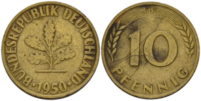 ФРГ 10 пфеннигов 1950 D KM 108, J. 383 сталь плакированная латунью 4603-1135