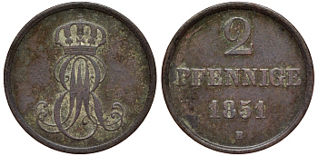 Ганновер 2 пфеннига 1851 B, Эрнст Август (1837-1851) KM 202.1, AKS 124, J. 75 медь 75-1952