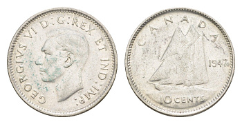 Канада 10 центов 1947 Leaf, Георг VI (1936-1952), парусник KM 34 серебро 4639-552