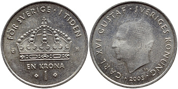 Швеция 1 крона 2003 Карл XVI Густав (1973- ) KM 894 медно-никель 4606-1027