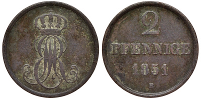 Ганновер 2 пфеннига 1851 B, Эрнст Август (1837-1851) KM 202.1, AKS 124, J. 75 медь 75-1952