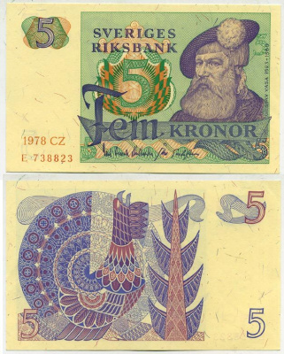 Швеция 5 крон 1978 CZ, Густав I Ваза Pick 51d бумага aUNC 444-87-3