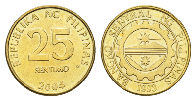 Филиппины 25 сентимо 2004 KM 271a сталь плакированная латунью UNC 4668-719