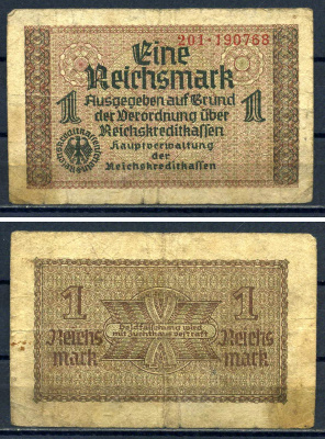 Германия 1 рейхсмарка ND (1940-1945) для оккупированных территорий Pick R136 a бумага 7552-1-4-2