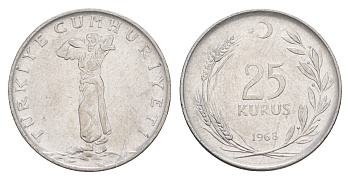 Турция 25 курушей 1968 KM 892.3 нержавеющая сталь 4648-714