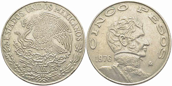МЕКСИКА 5 ПЕСО 1976 ВИСЕНТЕ ГЕРРЕРО, LARGE DATE KM 472 медно-никель 73-935