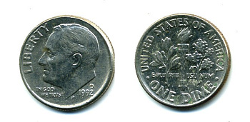 США 10 ЦЕНТОВ = 1 ДАЙМ 1992 P, РУЗВЕЛЬТ KM 195а медь плакированная медно-никелем 46-2525