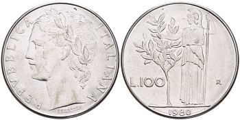 ИТАЛИЯ 100 ЛИР 1980 R, АФИНА У ОЛИВКОВОГО ДЕРЕВА KM 96.1 нержавеющая сталь 4545-721
