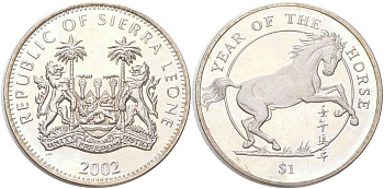 Сьерра-Леоне 1 доллар 2002 Год лошади KM 256 медно-никель BU 4368-1034