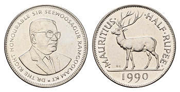 Маврикий 1/2 рупии 1990 KM 54 сталь плакированная никелем UNC 25-1025