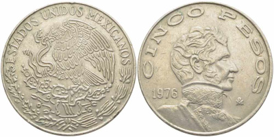 МЕКСИКА 5 ПЕСО 1976 ВИСЕНТЕ ГЕРРЕРО, LARGE DATE KM 472 медно-никель 73-935