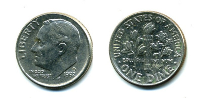 США 10 ЦЕНТОВ = 1 ДАЙМ 1992 P, РУЗВЕЛЬТ KM 195а медь плакированная медно-никелем 46-2525