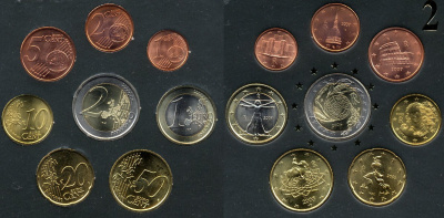 Италия евронабор от 1 евроцента до 2 евро включает 2 евро 2004 ФАО, планшет биметалл, медно-никель UNC 3-4-9-13