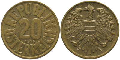 АВСТРИЯ 20 ШИЛЛИНГОВ 1954 KM 2887 алюминиевая бронза 181-231