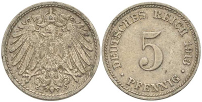 ГЕРМАНИЯ 5 ПФЕННИГОВ 1913 D KM 11, J. 12 медно-никель 206-1233