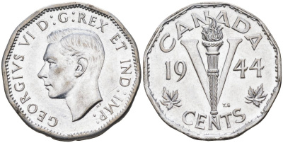 Канада 5 центов 1944 Георг VI (1937-1952) KM 40а хромированная сталь UNC 4126-515