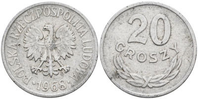 Польша 20 грошей 1968 MW KM А47 алюминий 4564-1061
