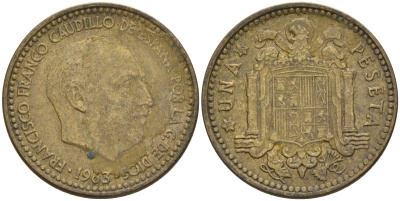Испания 1 песета 1963 (65) Франсиско Франко (1939-1975) KM 775 алюминиевая бронза 4155-336