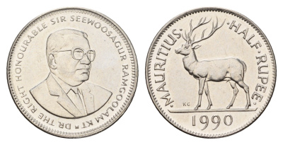 Маврикий 1/2 рупии 1990 KM 54 сталь плакированная никелем UNC 25-1025