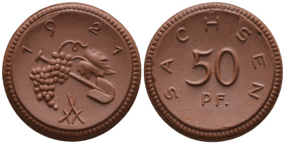 Саксония 50 пфеннигов 1921 виноград и лопата J. N 54 фарфор UNC 1094-8-45
