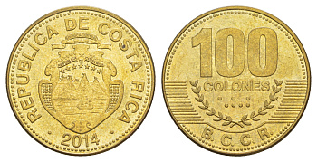 Коста-Рика 100 колонов 2014 KM 240a сталь плакированная латунью UNC 4642-1011