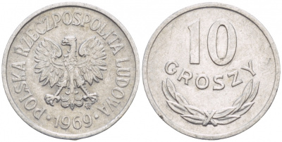 ПОЛЬША 10 ГРОШЕЙ 1969 MW KM АА47 алюминий 4547-862