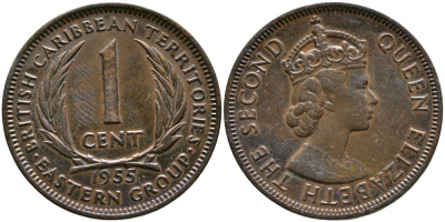 Британские Восточно-Карибские территории 1 цент 1955 Елизавета II (1952-2022) KM 2 бронза 4529-823