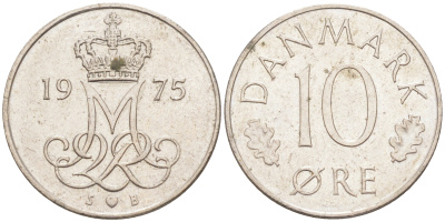 ДАНИЯ 10 ЭРЕ 1975 S; B, МАРГРЕТЕ II (1972-) KM 860.1 медно-никель 105-814