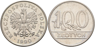 Польша 100 злотых 1990 MW, Демократическая Республика KM 214, Parchimowicz 602 медно-никель 4185-1016