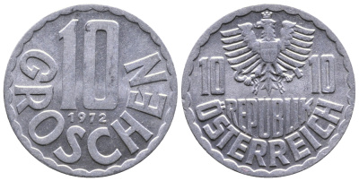 АВСТРИЯ 10 ГРОШЕЙ 1972 KM 2878 алюминий 26-1437