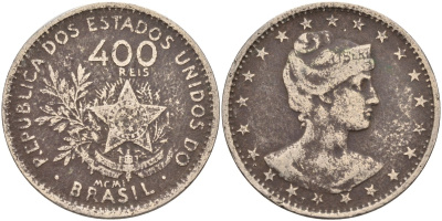 Бразилия 400 рейс 1901 голова свободы вправо KM 505 медно-никель 4367-135