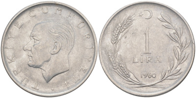 Турция 1 лира 1960 Мустафа Кемаль Ататюрк KM 889а.1 нержавеющая сталь 215-731