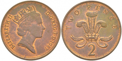 Великобритания 2 пенса 1987 Елизавета II (1952-2022) KM 936, Spink 4376 (C3) бронза 212-1252