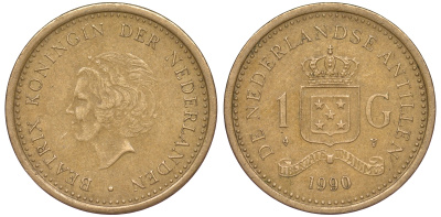 Нидерландские Антилы 1 гульден 1990 Беатрикс (1980-2013) KM 37 позолоченная сталь 25-2012