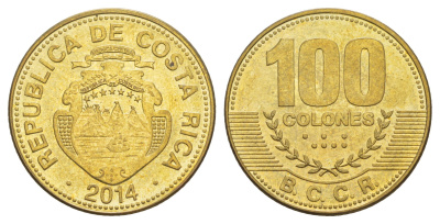 Коста-Рика 100 колонов 2014 KM 240a сталь плакированная латунью UNC 4642-1011