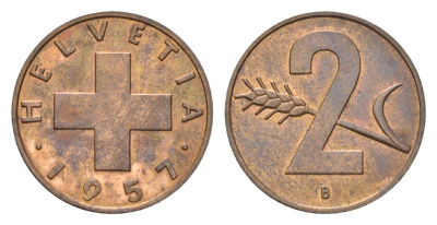 Швейцария 2 раппена 1957 B KM 47 бронза 4708-327