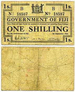 Фиджи 1 шиллинг 1942 1 сентября 1942, буква В Pick 49b бумага 451-450-2
