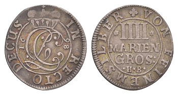 Брауншвейг-Каленберг-Ганновер 4 мариенгроша 1698 HB, Георг I (1698-1727), из коллекции Ричарда Б. Смита Welter 2192 серебро 1525-532