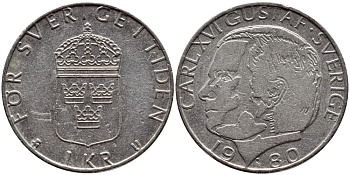 Швеция 1 крона 1980 Карл XVI Густав (1973- ) KM 852 медь плакированная медно-никелем 4397-956
