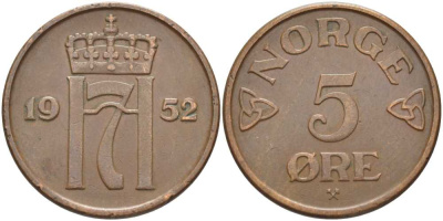 НОРВЕГИЯ 5 ЭРЕ 1952 ХОКОН VII (1905-1957) KM 400 бронза 115-816