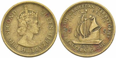 Британские Восточно-Карибские территории 5 центов 1955 Елизавета II (1952-2022), парусник KM 4 никель латунь 108-1122