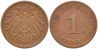 ГЕРМАНИЯ 1 ПФЕННИГ 1900 A KM 10, J. 10, Weege 2 медь 211-243