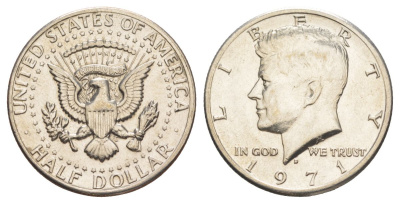 США 1/2 доллара (50 центов) 1971 D, Джон Кеннеди KM 202b медь плакированная медно-никелем aUNC 69-525