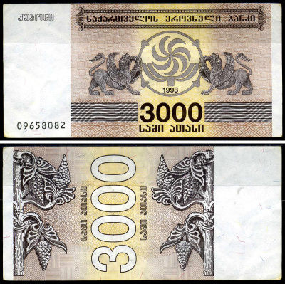 Грузия 3000 купонов 1993 Pick 45 бумага 8615-22-1-2