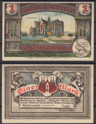 Мюнстермайфельд 1 марка 1921 DeNG 2 919.1-3/4 бумага UNC (пресс) 8612-12-1-2